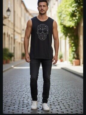 Mens Chaser Muscle Tank Starry Skull. Stars Actually Sparkle. Heart Shaped Eyes.